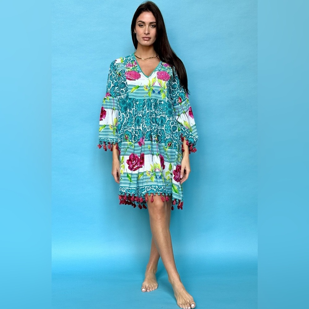 NWT Antica Sartoria Beaded Floral Teal V-Neck Swim Cover-Up Dress One Size